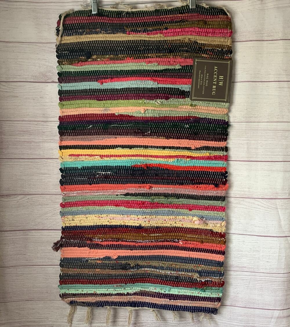 H/W Multi Color Rag Rug Woven Boho Chindi Striped Accent Mat Tassels 20x32"